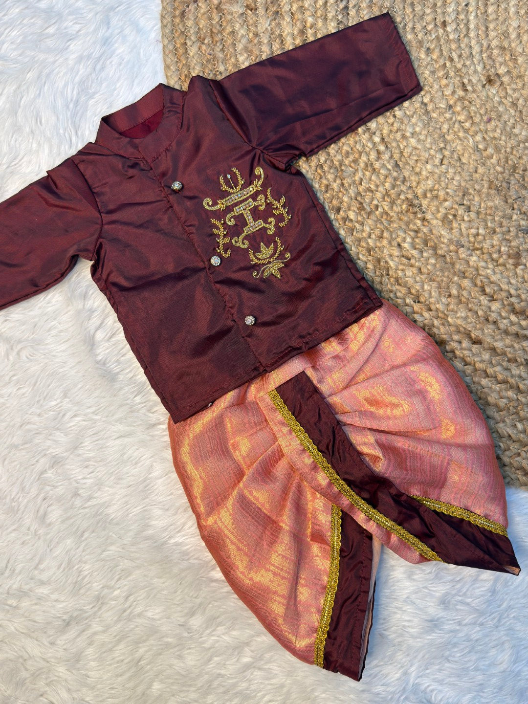 Customizable Alphabet Semi Kanchi Silk Aari Work Kurta Dhoti Set | CPM_0594