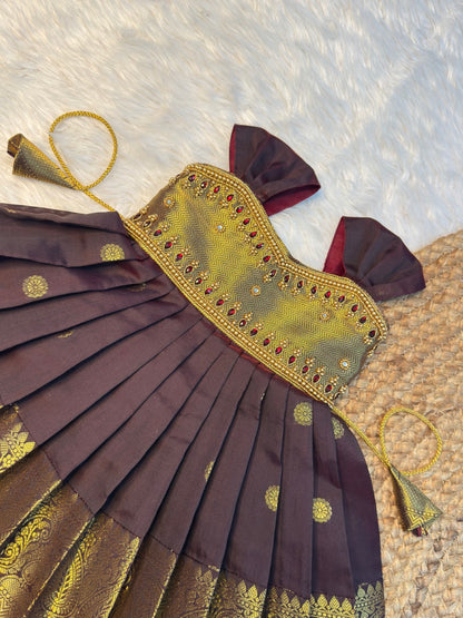Brown Banarasi Silk Aari Pattu Gown | CPM_0596