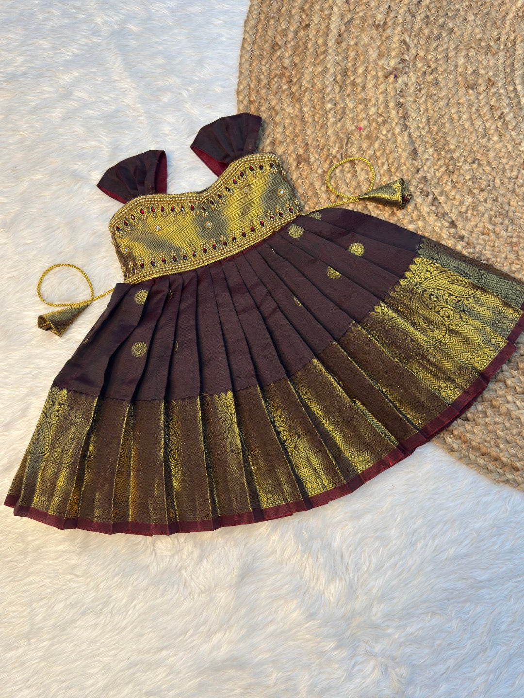 Brown Banarasi Silk Aari Pattu Gown | CPM_0596