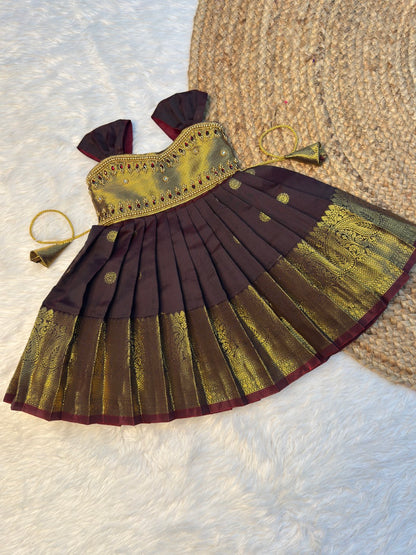 Brown Banarasi Silk Aari Pattu Gown | CPM_0596