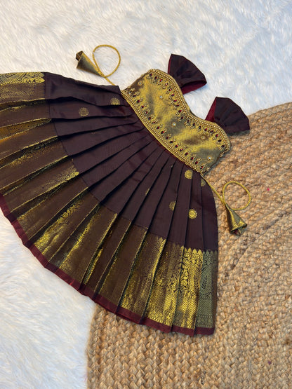 Brown Banarasi Silk Aari Pattu Gown | CPM_0596