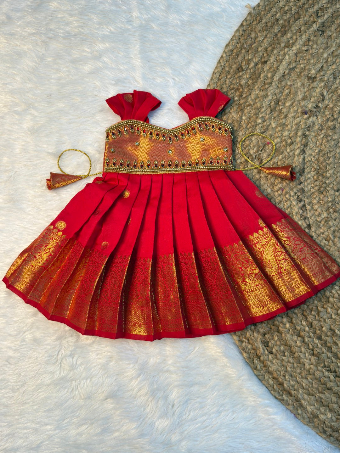 Red Banarasi Silk Aari Pattu Gown | CPM_0597