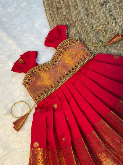 Red Banarasi Silk Aari Pattu Gown | CPM_0597