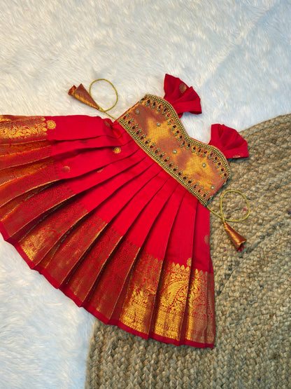 Red Banarasi Silk Aari Pattu Gown | CPM_0597
