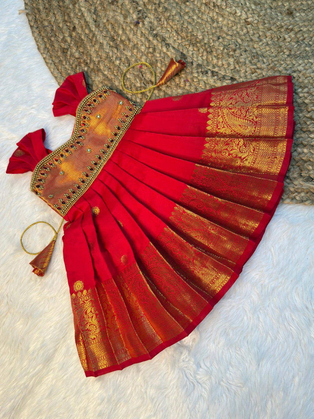 Red Banarasi Silk Aari Pattu Gown | CPM_0597