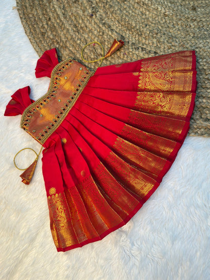 Red Banarasi Silk Aari Pattu Gown | CPM_0597