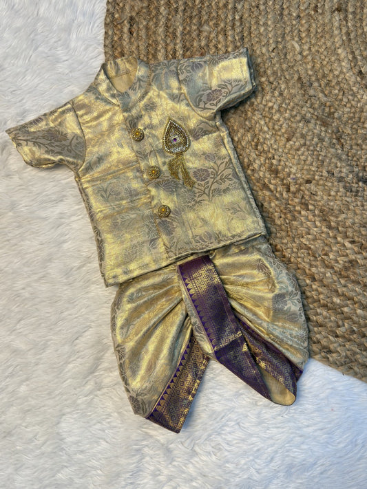 Cream & Violet Kanchi Tissue Silk Vel Aari Work Kurta Dhoti Set | CPM_0601