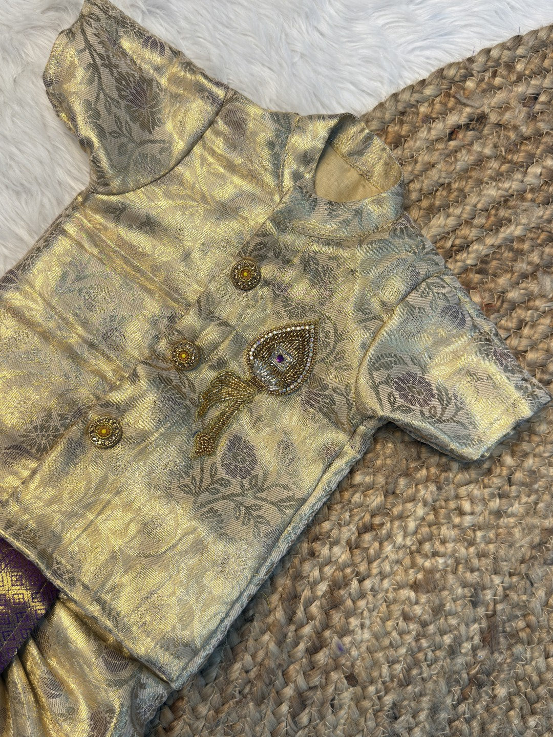 Cream & Violet Kanchi Tissue Silk Vel Aari Work Kurta Dhoti Set | CPM_0601
