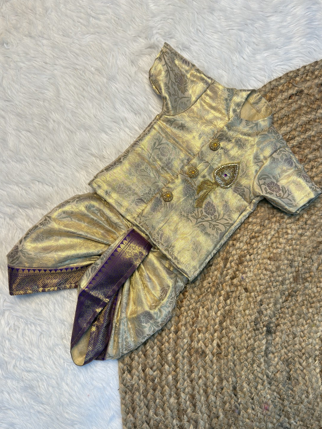Cream & Violet Kanchi Tissue Silk Vel Aari Work Kurta Dhoti Set | CPM_0601