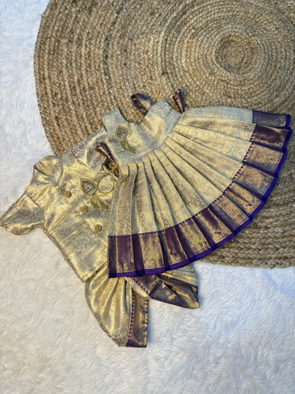 Cream & Violet Kanchi Tissue Silk Vel Motif Aari Work 1 shoulder Frock | CPM_0602