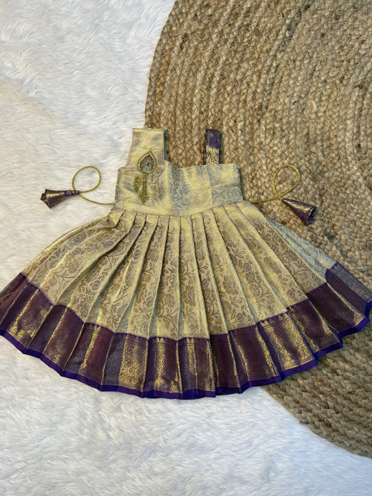 Cream & Violet Kanchi Tissue Silk Vel Motif Aari Work 1 shoulder Frock | CPM_0602