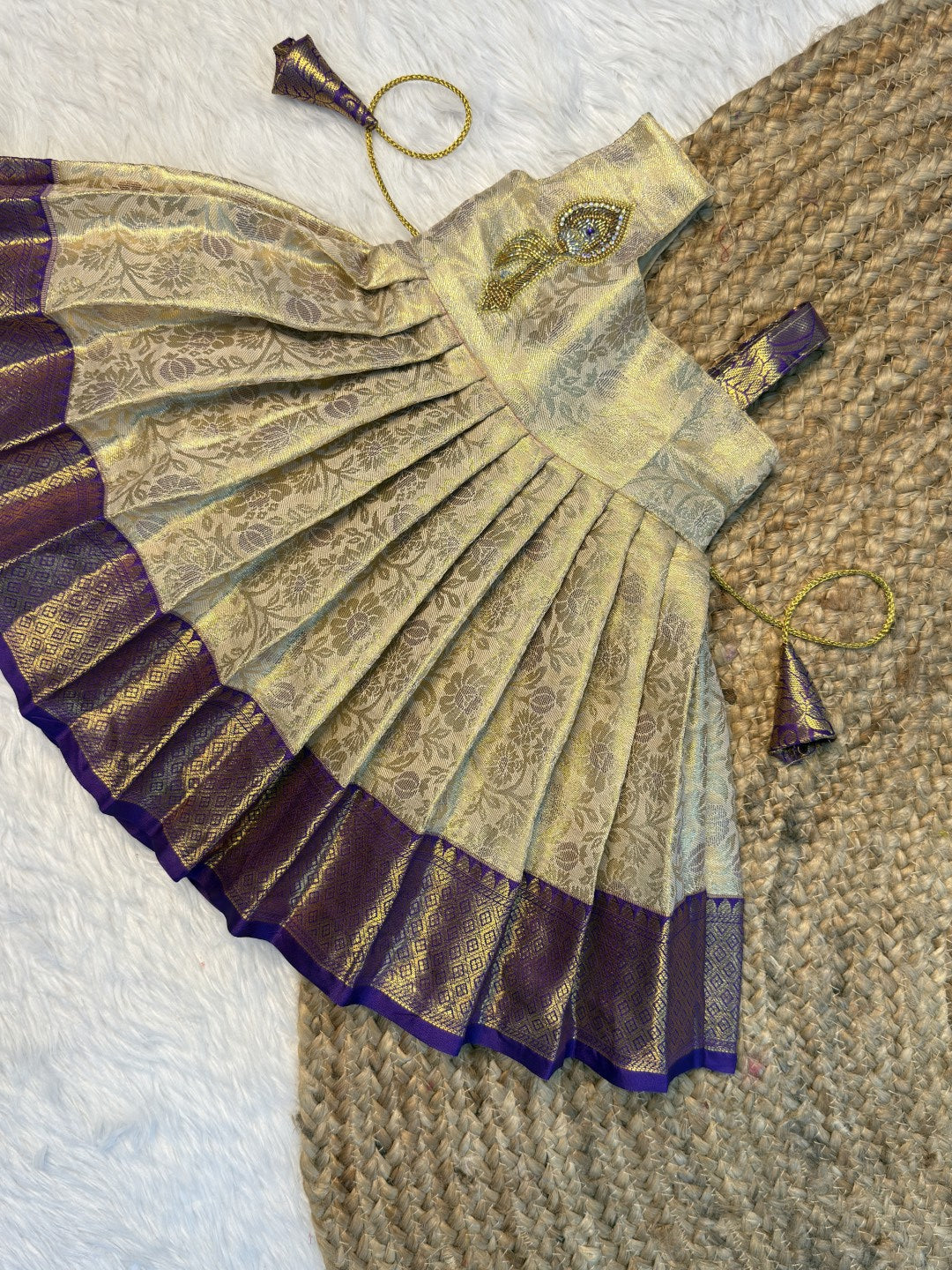 Cream & Violet Kanchi Tissue Silk Vel Motif Aari Work 1 shoulder Frock | CPM_0602