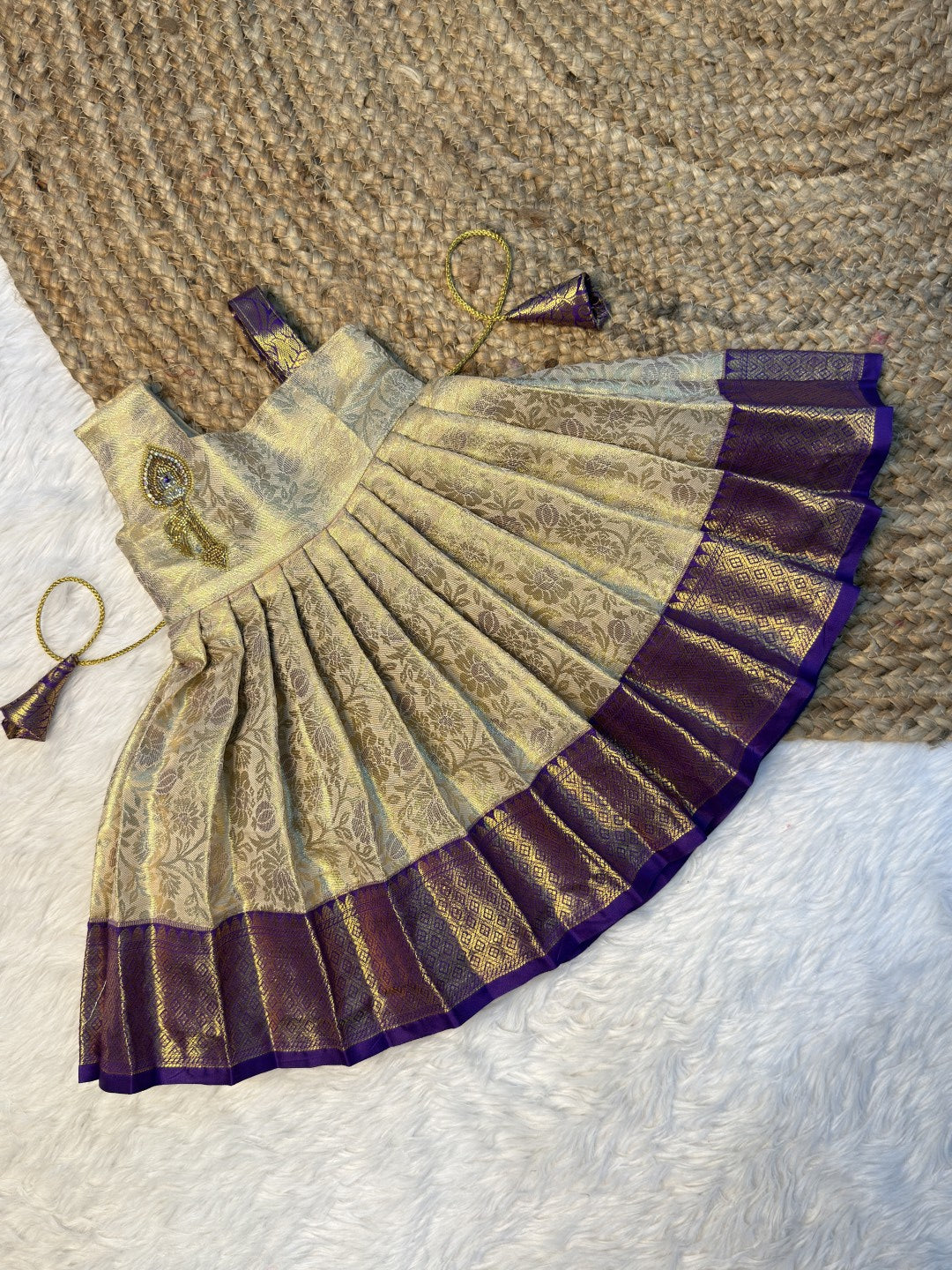 Cream & Violet Kanchi Tissue Silk Vel Motif Aari Work 1 shoulder Frock | CPM_0602