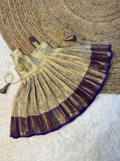 Cream & Violet Kanchi Tissue Silk Vel Motif Aari Work 1 shoulder Frock | CPM_0602