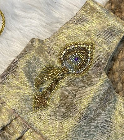 Cream & Violet Kanchi Tissue Silk Vel Motif Aari Work 1 shoulder Frock | CPM_0602