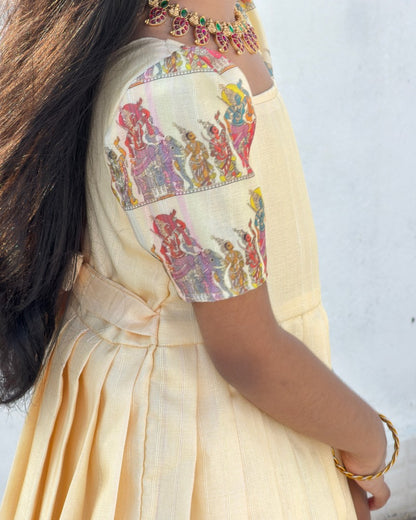 Cream Tussar Silk Full Length Gown with Kalamkari Temple Border | CPM_0603