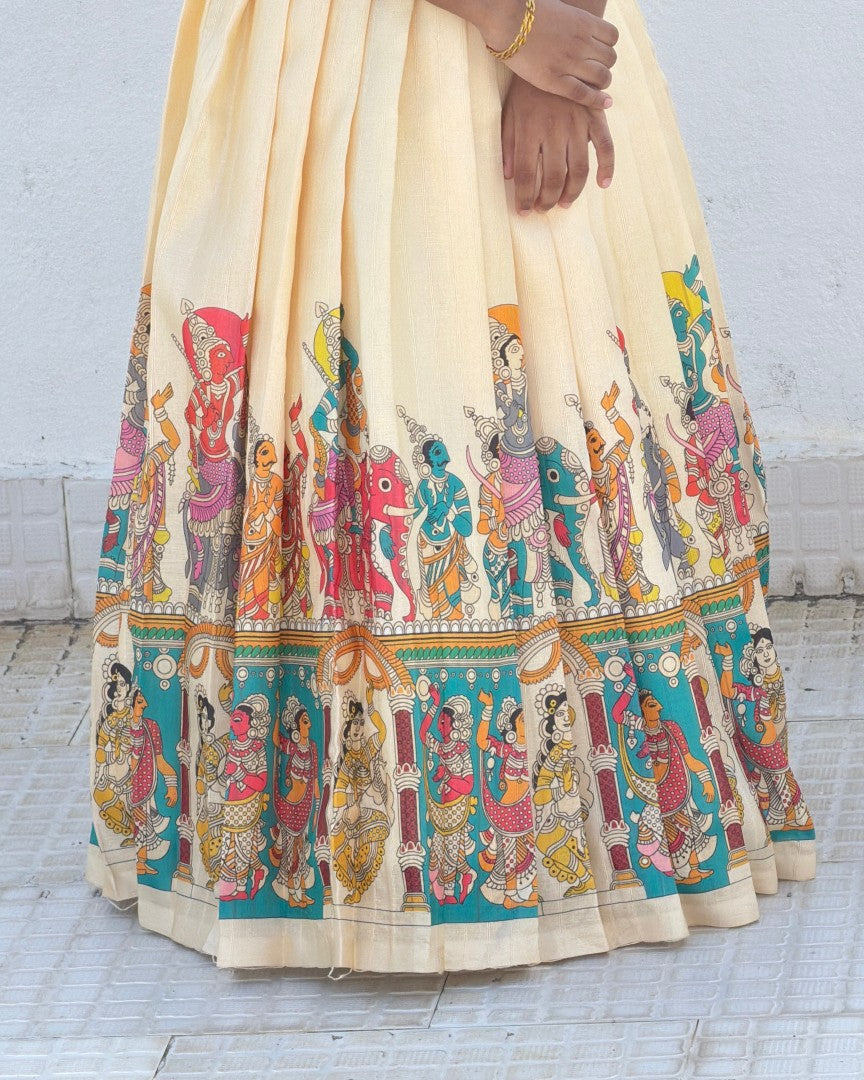 Cream Tussar Silk Full Length Gown with Kalamkari Temple Border | CPM_0603