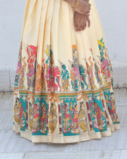 Cream Tussar Silk Full Length Gown with Kalamkari Temple Border | CPM_0603