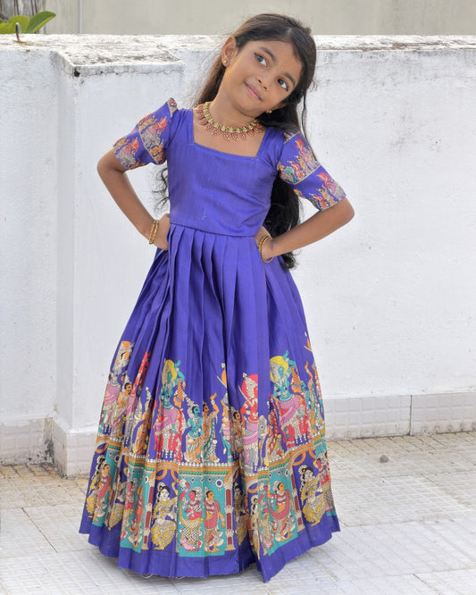Light Purple Tussar Silk Full Length Gown with Kalamkari Temple Border | CPM0604