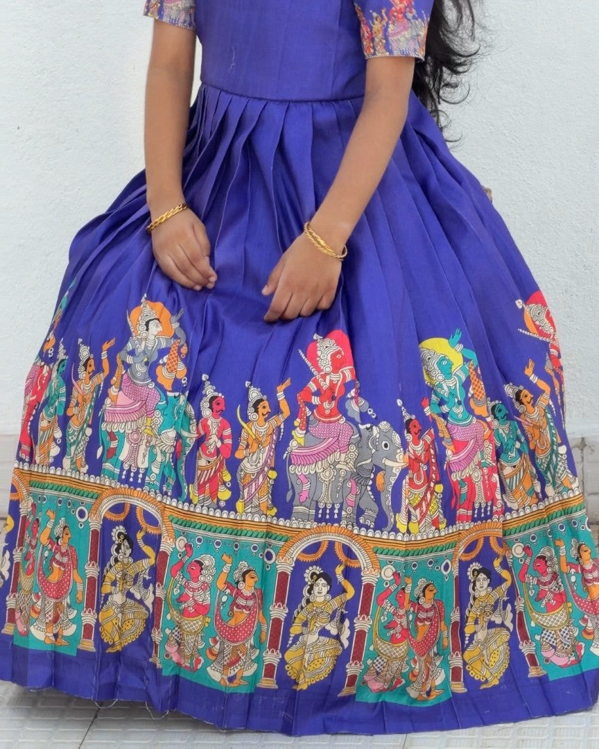 Light Purple Tussar Silk Full Length Gown with Kalamkari Temple Border | CPM_0604
