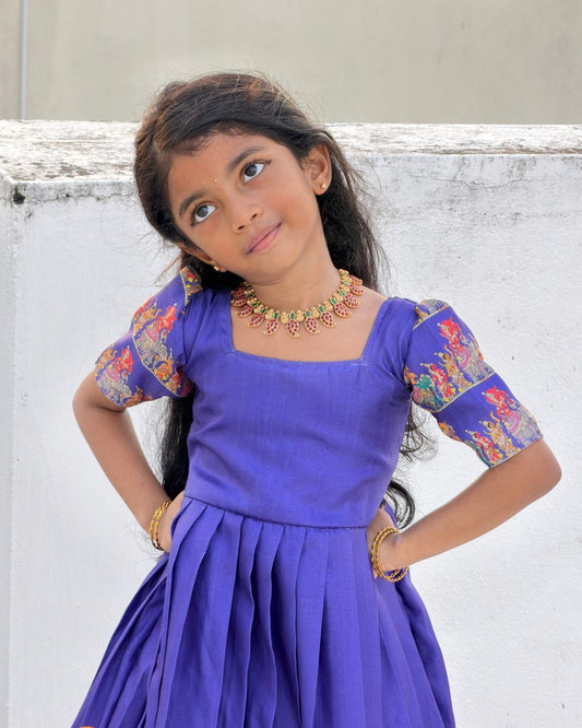 Light Purple Tussar Silk Full Length Gown with Kalamkari Temple Border | CPM0604