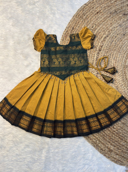 Yellow & Dark Green Kalyani Cotton Top & Skirt Set | CPM0607