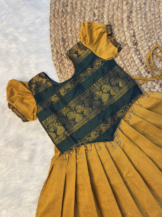 Yellow & Dark Green Kalyani Cotton Top & Skirt Set | CPM0607