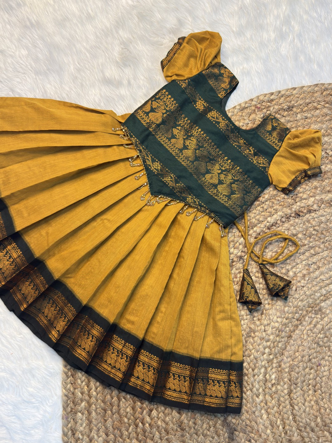 Yellow & Dark Green Kalyani Cotton Top & Skirt Set | CPM0607