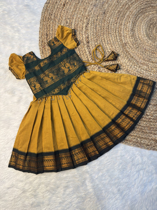 Yellow & Dark Green Kalyani Cotton Top & Skirt Set | CPM0607