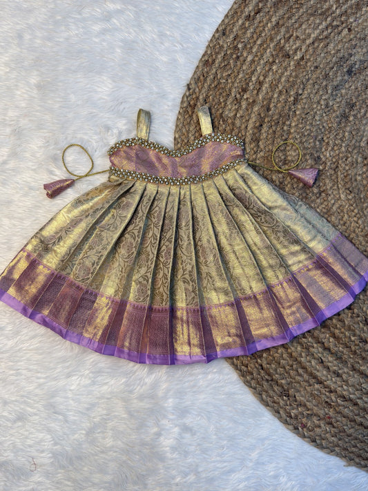 Cream & Lavender Semi Kanchi Tissue Silk Sleeveless Pattu Gown | CPM0608