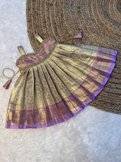 Cream & Lavender Semi Kanchi Tissue Silk Sleeveless Pattu Gown | CPM0608