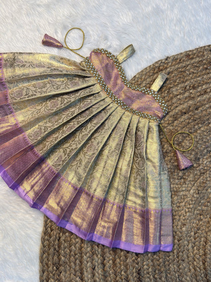 Cream & Lavender Semi Kanchi Tissue Silk Sleeveless Pattu Gown | CPM0608