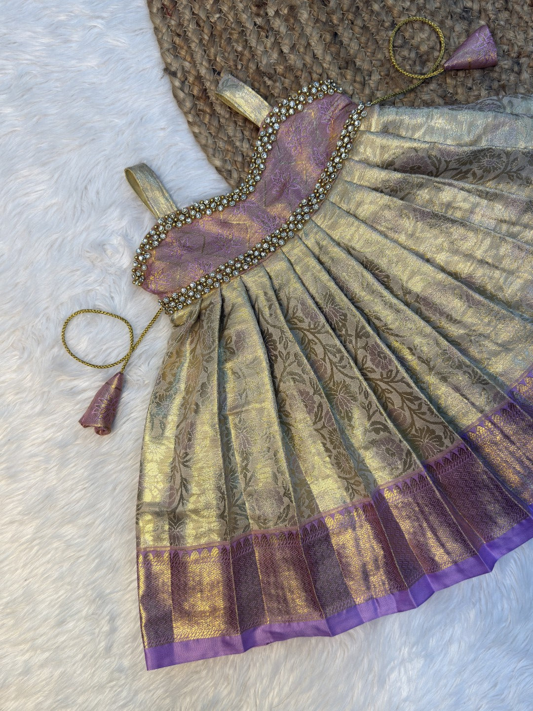 Cream & Lavender Semi Kanchi Tissue Silk Sleeveless Pattu Gown | CPM0608