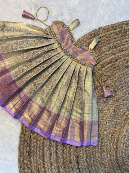 Cream & Lavender Semi Kanchi Tissue Silk Sleeveless Pattu Gown | CPM0608