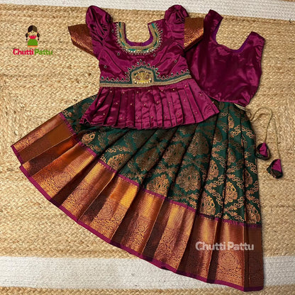 Green and Purple – Lakshmi Devi Pendant Aari Pattu Pavadai | CPM_0256