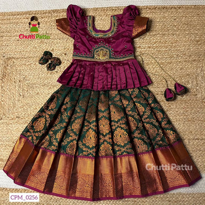 Green and Purple – Lakshmi Devi Pendant Aari Pattu Pavadai | CPM_0256