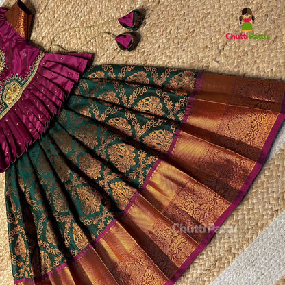 Green and Purple – Lakshmi Devi Pendant Aari Pattu Pavadai | CPM_0256