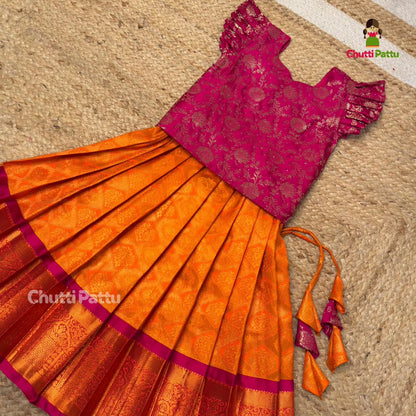 Pink & Orange Pure Kanchi Silk Pattu Pavadai | CPM_0369