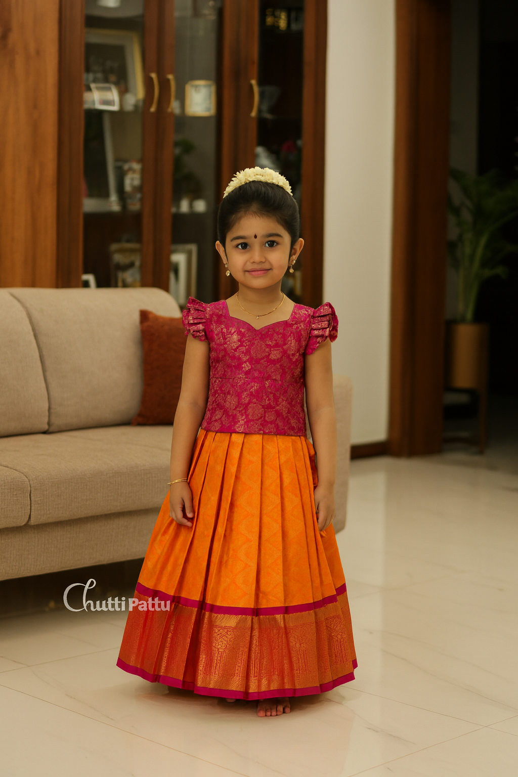 Pink & Orange Pure Kanchi Silk Pattu Pavadai | CPM_0369