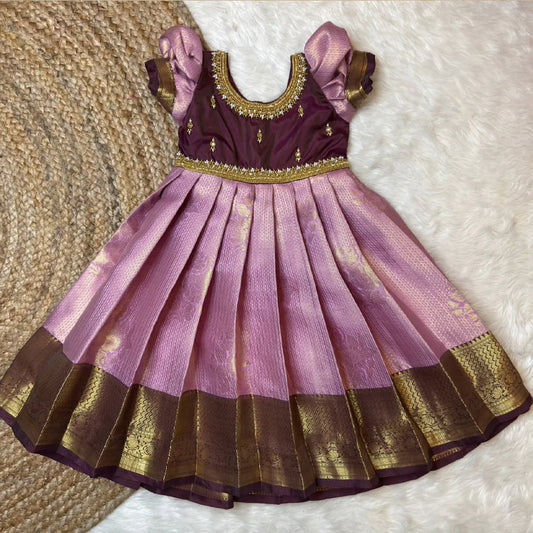 Lavender & Wine Aari Work Full-Length Pattu Gown | CPM_0441