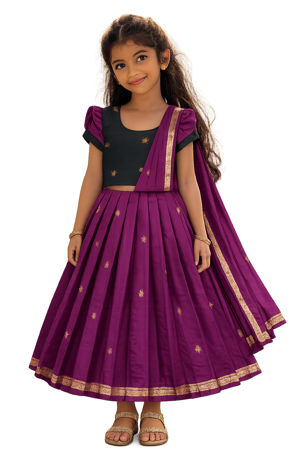 Purple & Black Maheshwari Silk Cotton Half Saree Set with Attached Dupatta | CPM0614 | Ready to dispatch