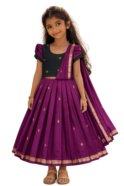 Purple & Black Maheshwari Silk Cotton Half Saree Set with Attached Dupatta | CPM0614 | Ready to dispatch