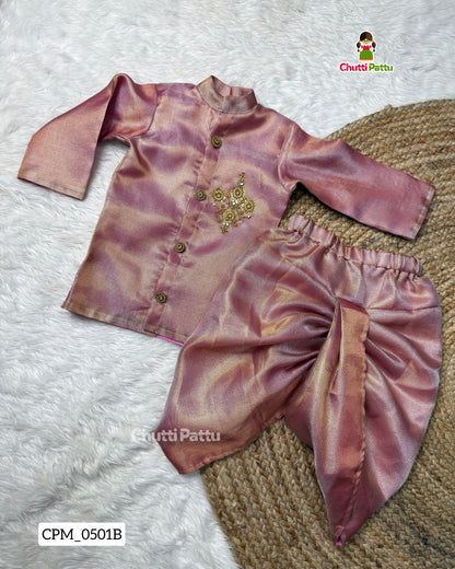 Jyothika Inspired Saree - Pink Tissue Silk Aari Kurta & Dhoti Set | CPM_0501B