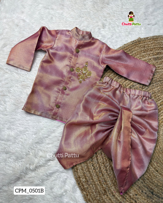 Jyothika Inspired Saree - Pink Tissue Silk Aari Kurta & Dhoti Set | CPM_0501B