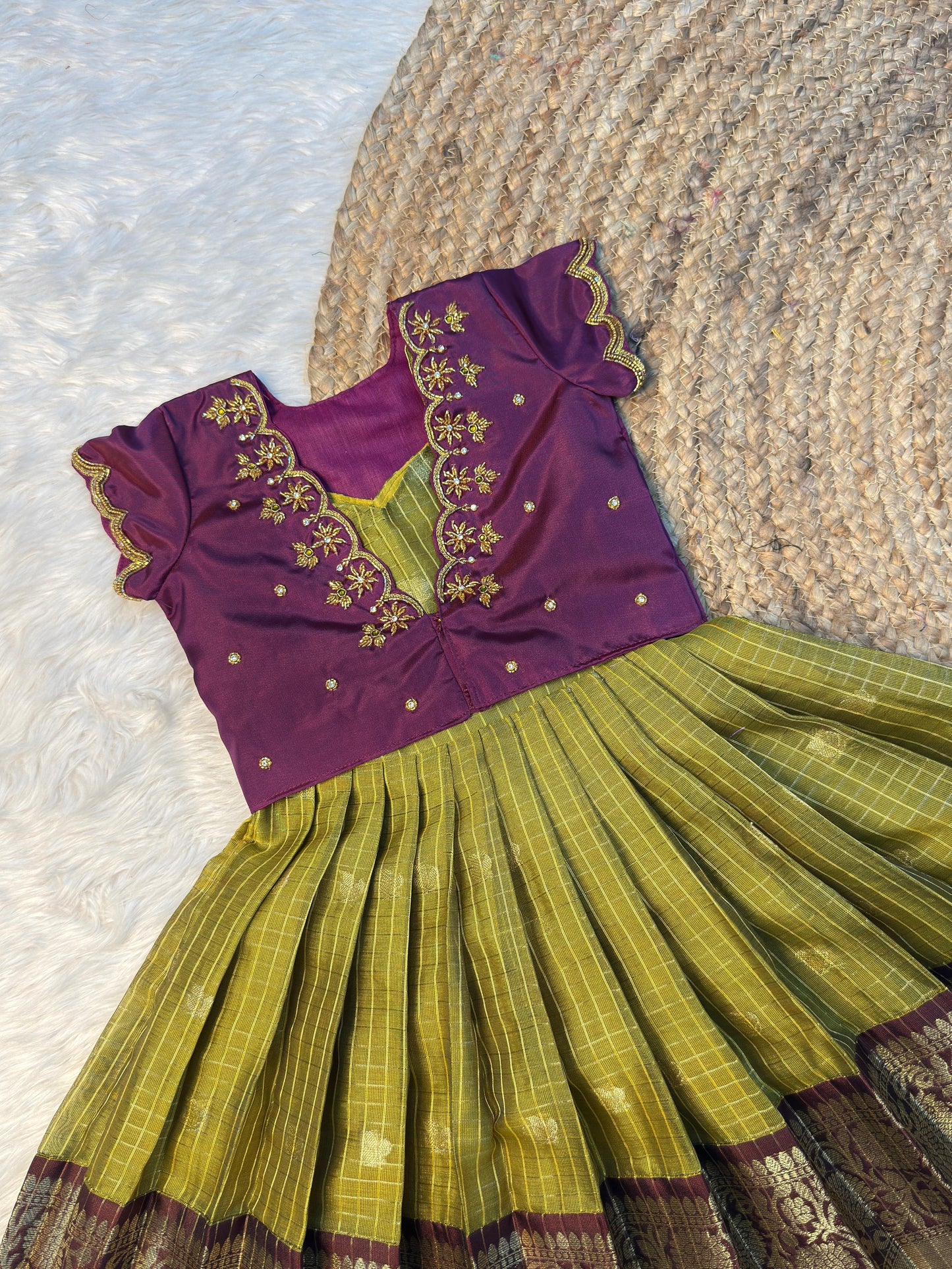 Dark Purple Silk Aari Work Overcoat Set with Olive Zari Skirt | CPM_0570