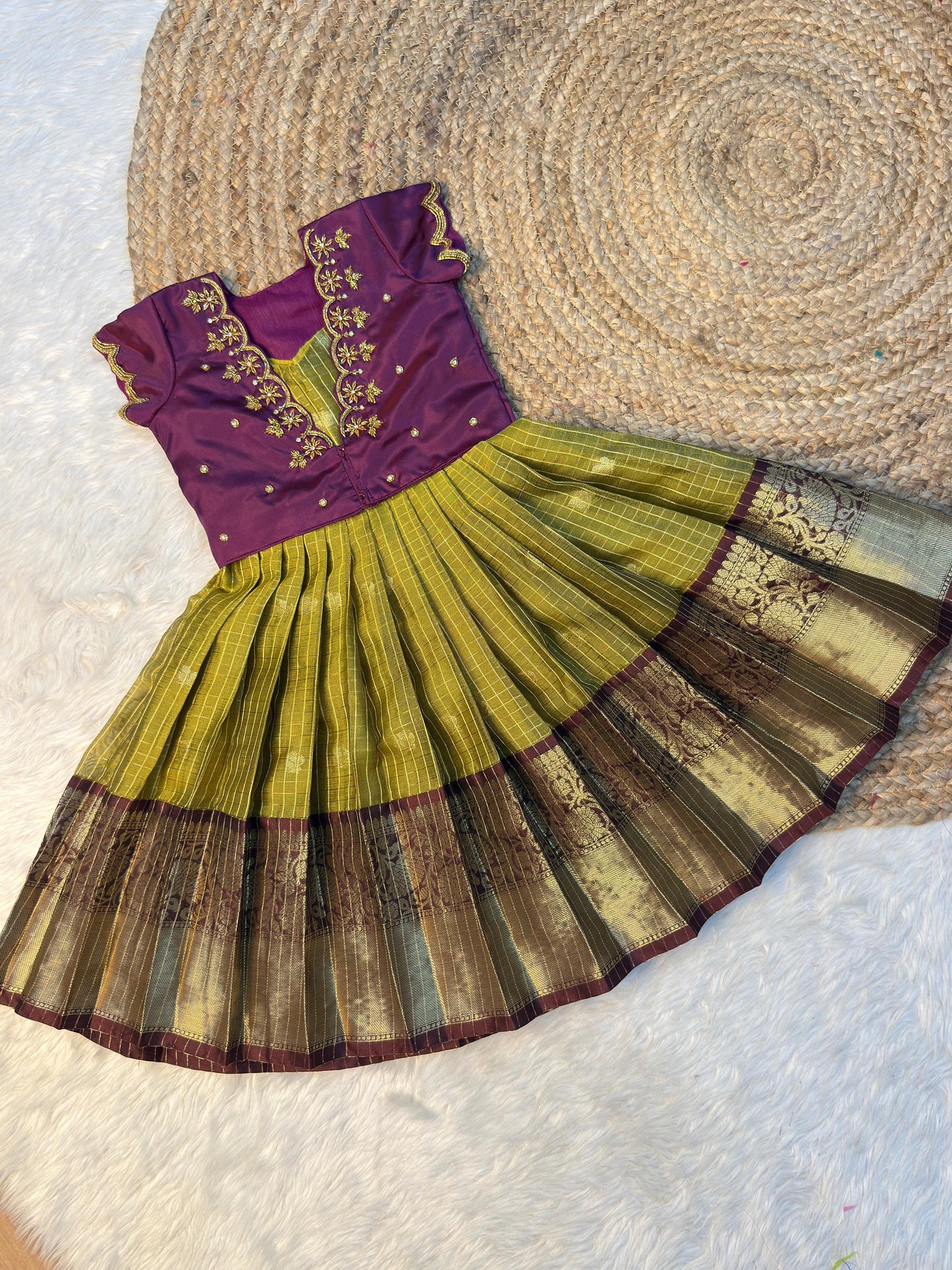 Dark Purple Silk Aari Work Overcoat Set with Olive Zari Skirt | CPM_0570