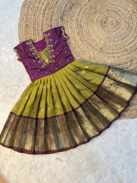 Dark Purple Silk Aari Work Overcoat Set with Olive Zari Skirt | CPM_0570