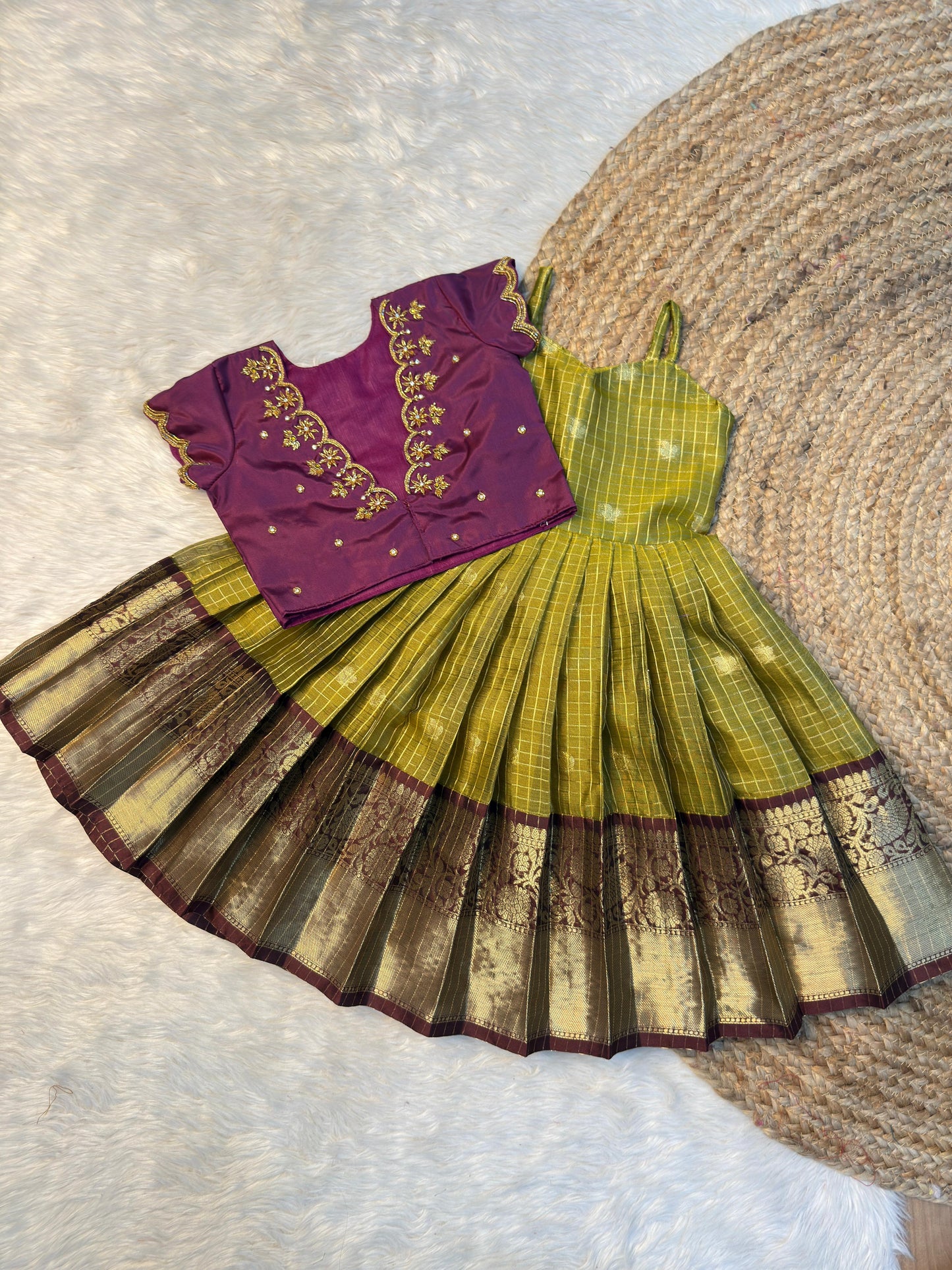 Dark Purple Silk Aari Work Overcoat Set with Olive Zari Skirt | CPM_0570