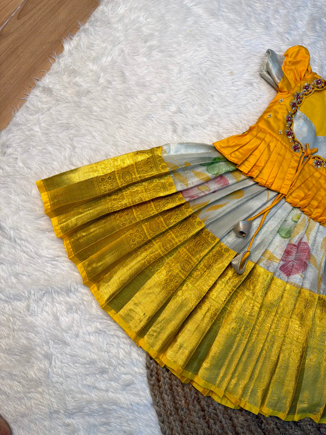 Thamana | Yellow & Off White Tissue Silk Aari Work Overcoat Set | CPM_0585