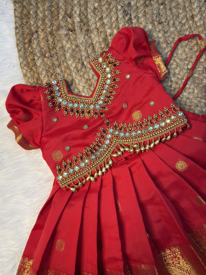 Red Soft Banarasi Aari Pattu Pavadai Set ✨ | CPM_0600